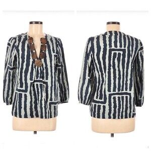 Tibi Silk Tunic Striped Beaded Embellished Blue Top Blouse 3/4 Sleeves Tribal 2